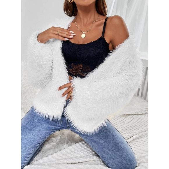 Drop Shoulder Fluffy Knit sweater Cardigan white - Picture 3 of 6